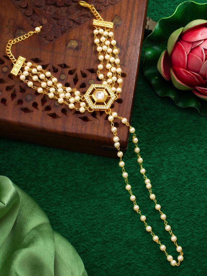 pearl kundan haathphool bracelet