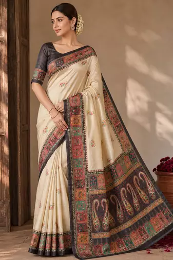 cream-brown digital printed saree with contrast colour blouse dola silk saree