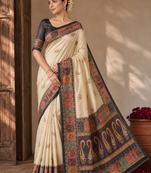 cream-brown digital printed saree with contrast colour blouse dola silk saree