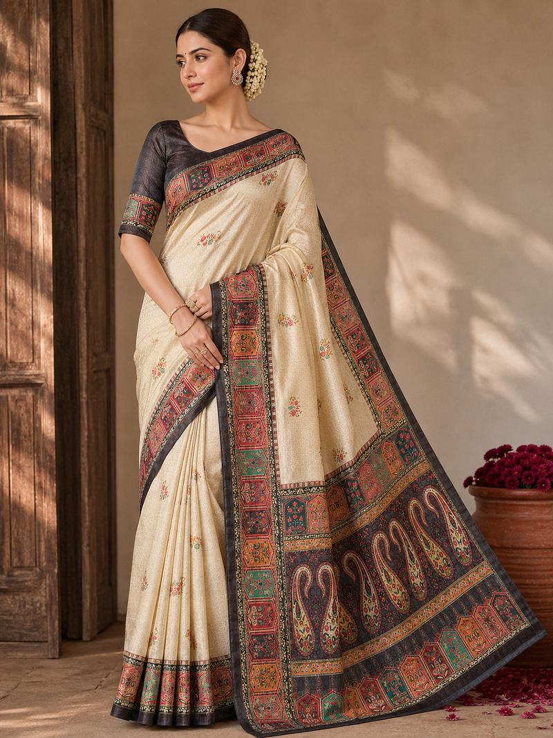 cream-brown digital printed saree with contrast colour blouse dola silk saree