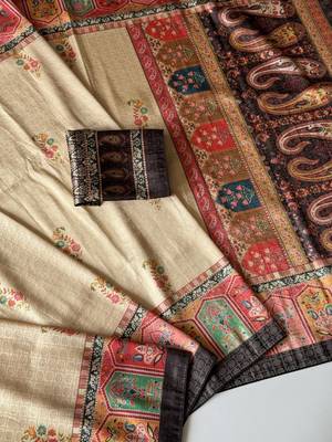 cream-brown digital printed saree with contrast colour blouse dola silk saree 2