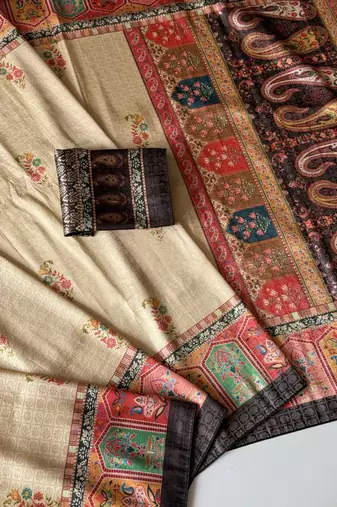 cream-brown digital printed saree with contrast colour blouse dola silk saree