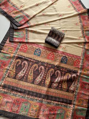 cream-brown digital printed saree with contrast colour blouse dola silk saree 3