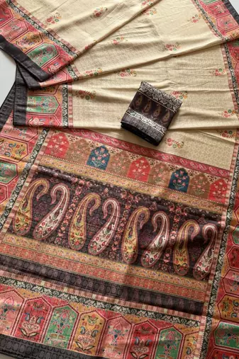 cream-brown digital printed saree with contrast colour blouse dola silk saree
