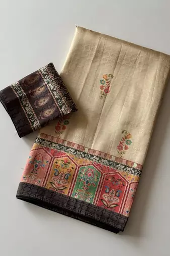 cream-brown digital printed saree with contrast colour blouse dola silk saree