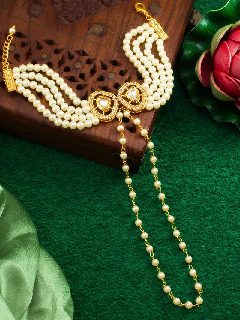kundan pearl hand harness bracelet
