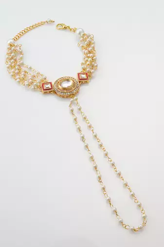 white pearl kundan haathphool