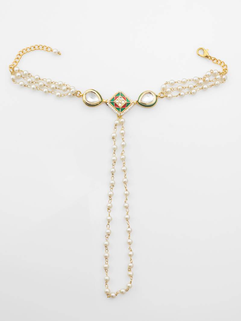 white beaded kundan haathphool