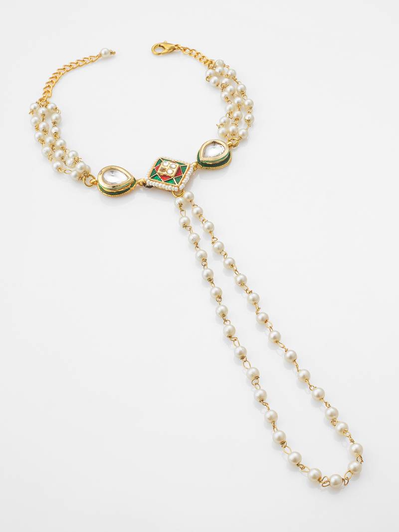 white beaded kundan haathphool