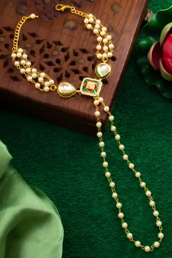 white beaded kundan haathphool