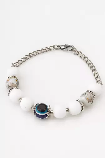 white beaded evil eye bracelet