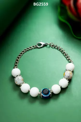 white beaded evil eye bracelet