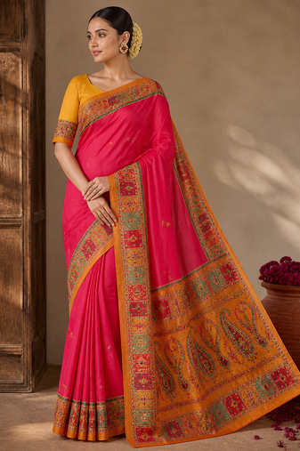 pink-yellow digital printed saree with contrast colour blouse dola silk saree