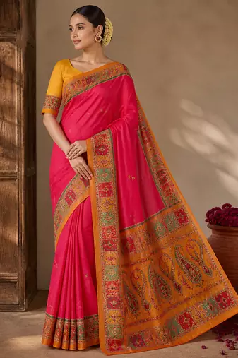 pink-yellow digital printed saree with contrast colour blouse dola silk saree