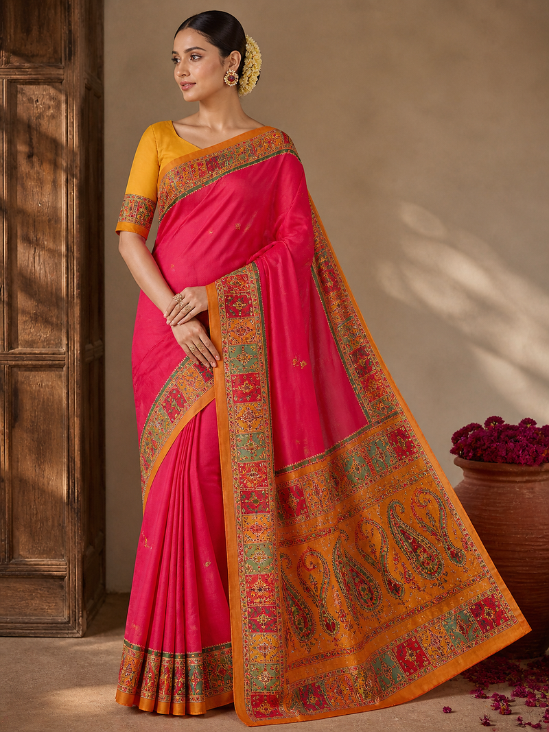 pink-yellow digital printed saree with contrast colour blouse dola silk saree