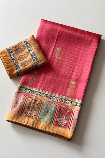 pink-yellow digital printed saree with contrast colour blouse dola silk saree