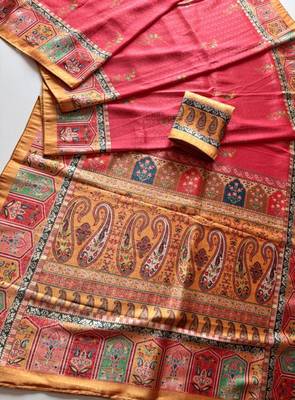 pink-yellow digital printed saree with contrast colour blouse dola silk saree 3