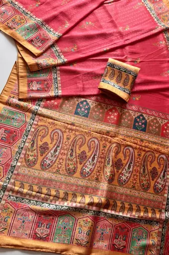 pink-yellow digital printed saree with contrast colour blouse dola silk saree