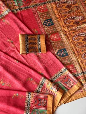 pink-yellow digital printed saree with contrast colour blouse dola silk saree 4
