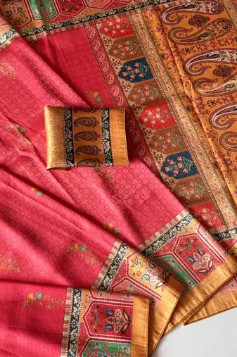 pink-yellow digital printed saree with contrast colour blouse dola silk saree
