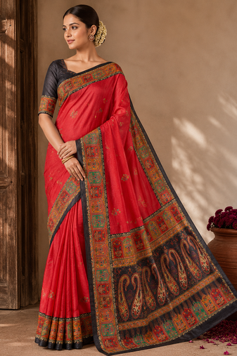 red-brown digital printed saree with contrast colour blouse dola silk saree