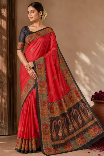 red-brown digital printed saree with contrast colour blouse dola silk saree