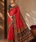 red-brown digital printed saree with contrast colour blouse dola silk saree