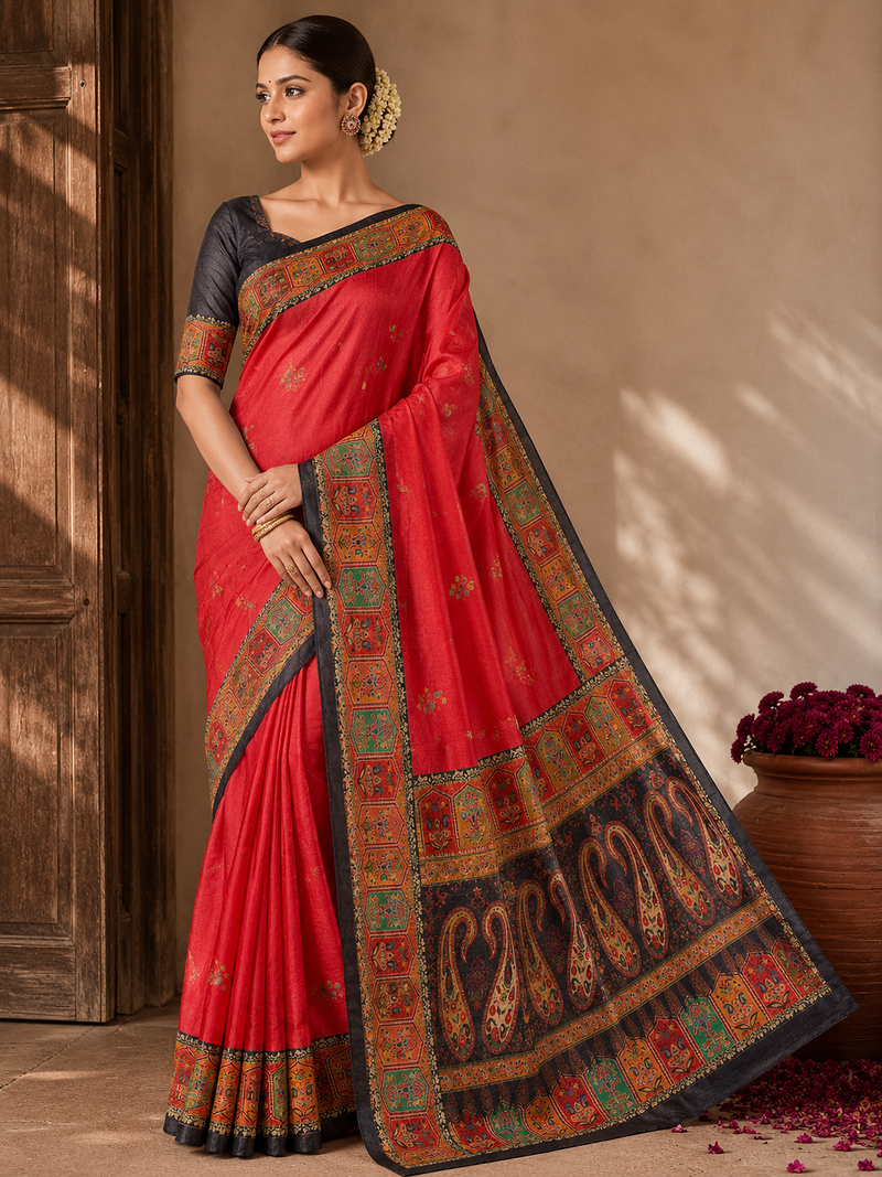 red-brown digital printed saree with contrast colour blouse dola silk saree