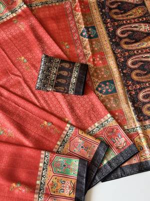 red-brown digital printed saree with contrast colour blouse dola silk saree 2