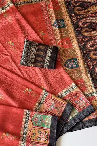 red-brown digital printed saree with contrast colour blouse dola silk saree