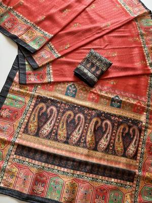 red-brown digital printed saree with contrast colour blouse dola silk saree 3