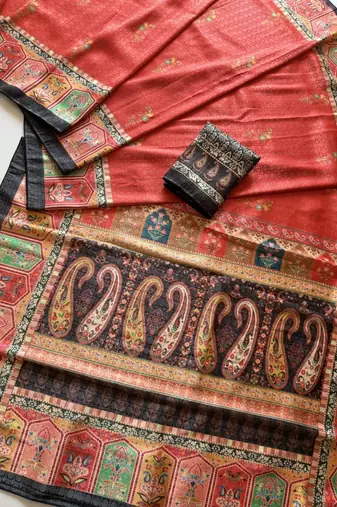 red-brown digital printed saree with contrast colour blouse dola silk saree