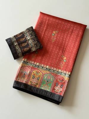 red-brown digital printed saree with contrast colour blouse dola silk saree 4