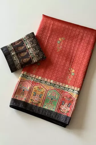 red-brown digital printed saree with contrast colour blouse dola silk saree