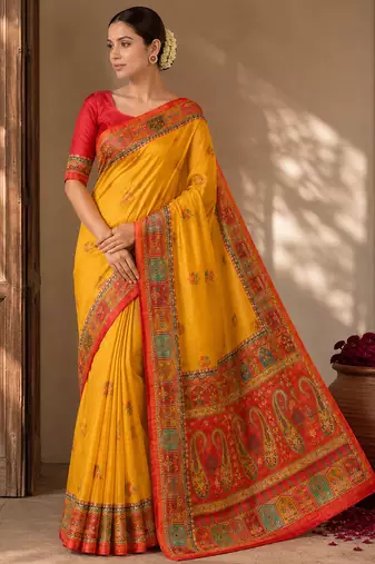 yellow-pink digital printed saree with contrast colour blouse dola silk saree