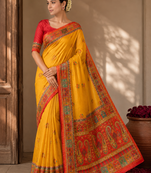 yellow-pink digital printed saree with contrast colour blouse dola silk saree