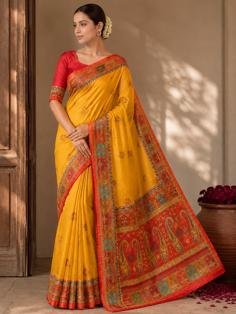 yellow-pink digital printed saree with contrast colour blouse dola silk saree