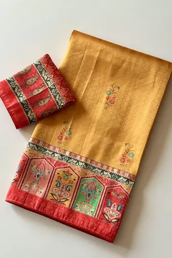 yellow-pink digital printed saree with contrast colour blouse dola silk saree