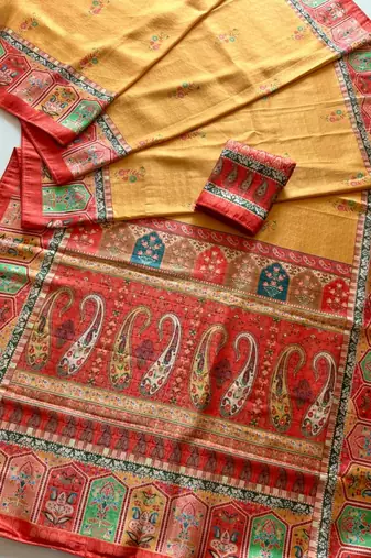 yellow-pink digital printed saree with contrast colour blouse dola silk saree
