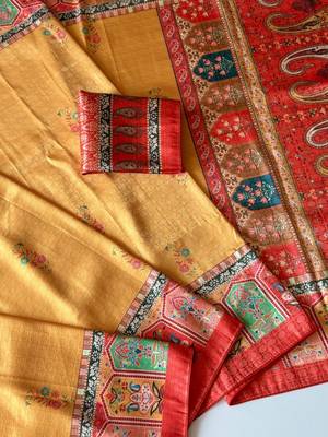 yellow-pink digital printed saree with contrast colour blouse dola silk saree 4