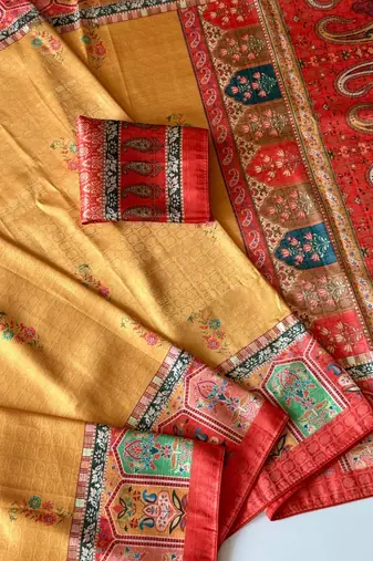 yellow-pink digital printed saree with contrast colour blouse dola silk saree