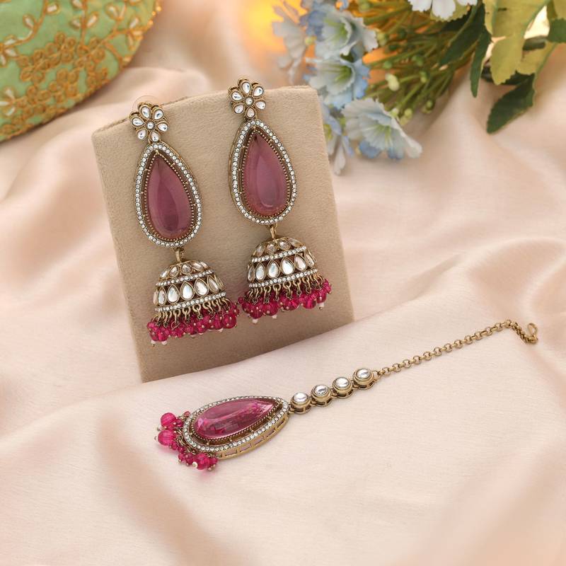 Rani color kundan earrings tikka set