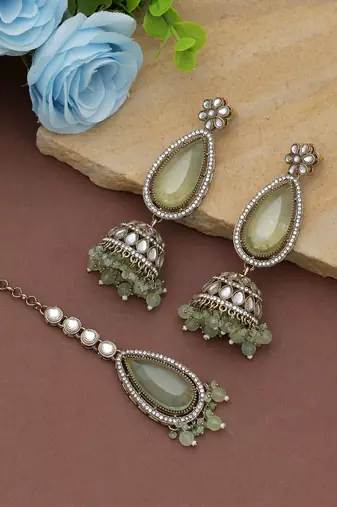 Pista green color kundan earrings tikka set