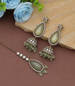 Pista green color kundan earrings tikka set