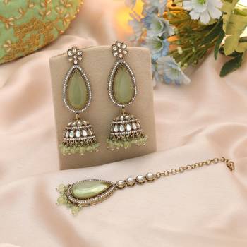 Pista green color kundan earrings tikka set 2