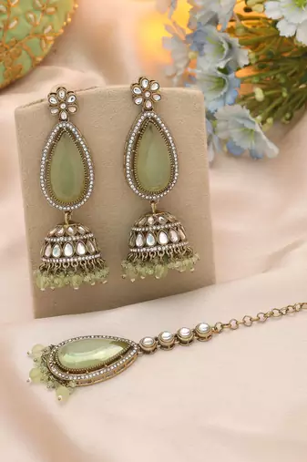 Pista green color kundan earrings tikka set