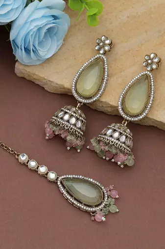Pista green & pink color kundan earrings tikka set