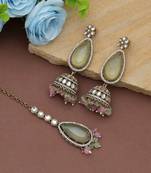Pista green & pink color kundan earrings tikka set