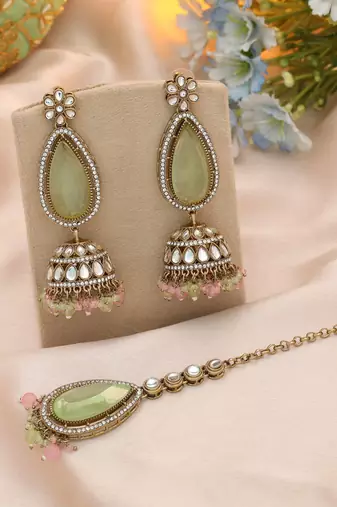 Pista green & pink color kundan earrings tikka set