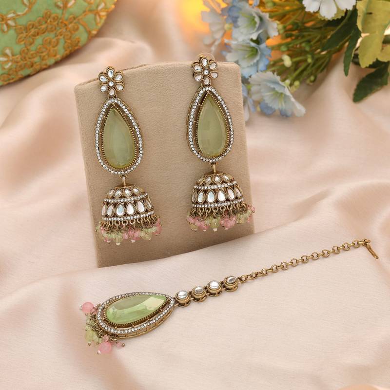 Pista green & pink color kundan earrings tikka set